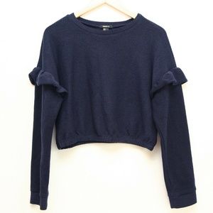 Size L - FOREVER 21 Women's Blue Ruffle Sleeve Cropped Sweatshirt Top